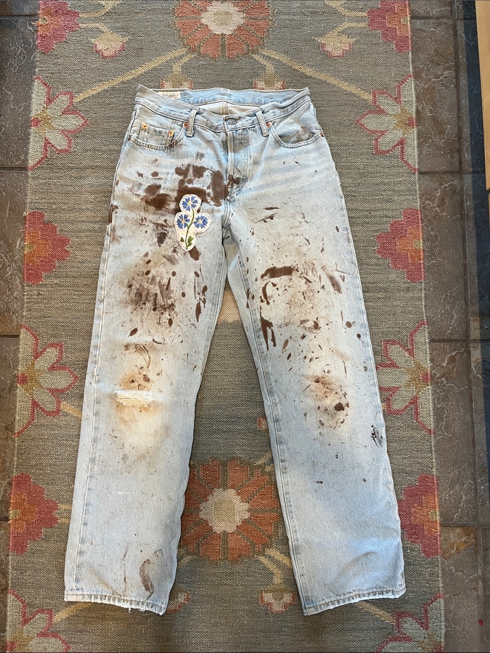 Levi's Light Blue Straight Leg Jeans with Paint Splatter & Floral Patch
